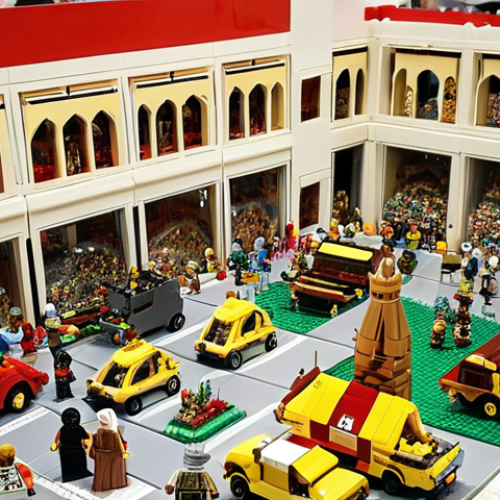 Home 4 **
A bustling LEGO convention or marketplace in a Middle Eastern country (e.g., Dubai, Riyadh). Focus on vibrant colors, displays of rare and custom LEGO sets, and people of diverse ages and backgrounds enthusiastically browsing. Include elements that suggest a strong sense of community, such as people trading LEGO pieces or discussing builds. The overall style should be realistic and engaging, capturing the joy of LEGO collecting and showcasing Middle Eastern culture and fashion trends. Aim for a high-resolution image with sharp details.
**