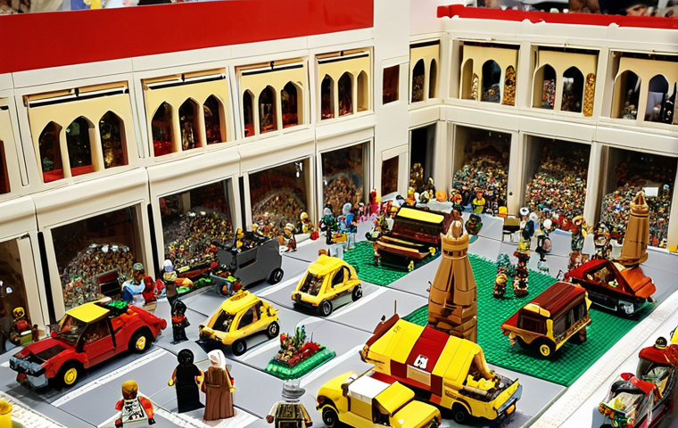 **
A bustling LEGO convention or marketplace in a Middle Eastern country (e.g., Dubai, Riyadh). Focus on vibrant colors, displays of rare and custom LEGO sets, and people of diverse ages and backgrounds enthusiastically browsing. Include elements that suggest a strong sense of community, such as people trading LEGO pieces or discussing builds. The overall style should be realistic and engaging, capturing the joy of LEGO collecting and showcasing Middle Eastern culture and fashion trends. Aim for a high-resolution image with sharp details.
**