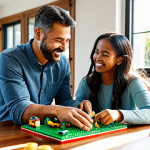 A diverse family including a father, mother, and their young daughter, happily collaborating on an intricate LEGO build on a large wooden table in a sunlit, modern living room. The family members are fully clothed in modest, comfortable attire, displaying joyful expressions and focused engagement. Sunlight streams through a large window, illuminating the colorful LEGO bricks and a few green plants in the background, subtly hinting at environmental consciousness. The scene emphasizes intergenerational connection and shared creativity. This image features perfect anatomy, correct proportions, and a natural pose, with well-formed hands and proper finger count. It is a professional photograph, high quality, safe for work, appropriate content, and family-friendly.