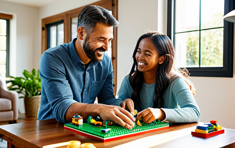 A diverse family including a father, mother, and their young daughter, happily collaborating on an intricate LEGO build on a large wooden table in a sunlit, modern living room. The family members are fully clothed in modest, comfortable attire, displaying joyful expressions and focused engagement. Sunlight streams through a large window, illuminating the colorful LEGO bricks and a few green plants in the background, subtly hinting at environmental consciousness. The scene emphasizes intergenerational connection and shared creativity. This image features perfect anatomy, correct proportions, and a natural pose, with well-formed hands and proper finger count. It is a professional photograph, high quality, safe for work, appropriate content, and family-friendly.