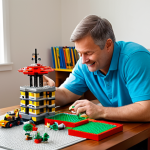A joyful family moment: A father and his young child, both fully clothed in modest casual attire, are seated at a large, tidy table. They are deeply engrossed in building a complex Lego helicopter. Various sorted piles of colorful Lego bricks surround them. The father is pointing to an open instruction manual, explaining a step, while the child attentively holds a specific Lego piece, ready to place it. The scene is brightly lit by natural light coming from a nearby window, creating a warm and inviting atmosphere in a comfortable living room. The image showcases perfect anatomy, correct proportions, natural poses, well-formed hands, and proper finger count. This is a safe for work, appropriate content, family-friendly, fully clothed image.