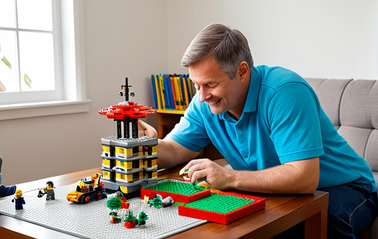 A joyful family moment: A father and his young child, both fully clothed in modest casual attire, are seated at a large, tidy table. They are deeply engrossed in building a complex Lego helicopter. Various sorted piles of colorful Lego bricks surround them. The father is pointing to an open instruction manual, explaining a step, while the child attentively holds a specific Lego piece, ready to place it. The scene is brightly lit by natural light coming from a nearby window, creating a warm and inviting atmosphere in a comfortable living room. The image showcases perfect anatomy, correct proportions, natural poses, well-formed hands, and proper finger count. This is a safe for work, appropriate content, family-friendly, fully clothed image.