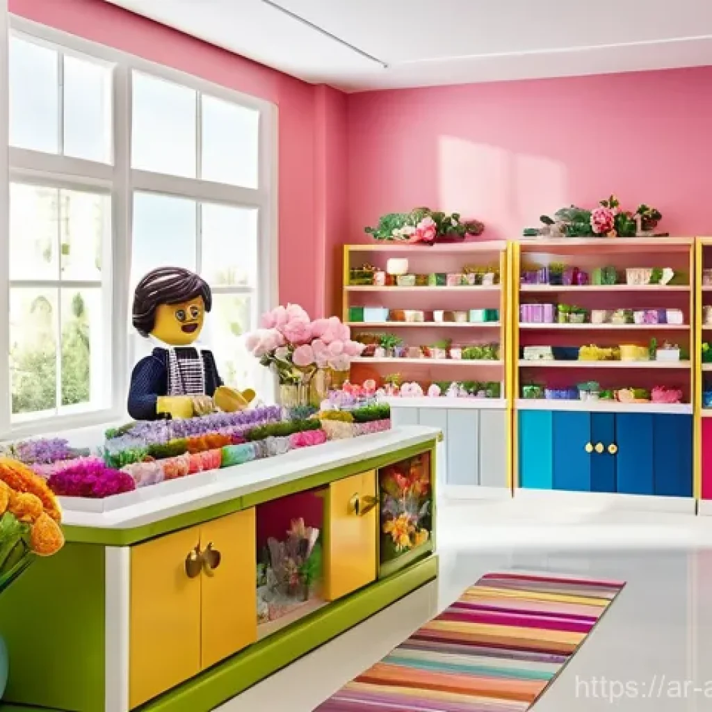 레고 프렌즈 시리즈 세부 분석 - **"Heartlake City: Downtown Floral and Fashion Hub"**
    A vibrant, sun-drenched street scene in He...