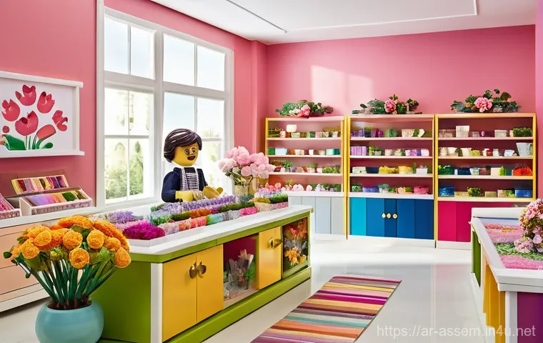레고 프렌즈 시리즈 세부 분석 - **"Heartlake City: Downtown Floral and Fashion Hub"**
    A vibrant, sun-drenched street scene in He...