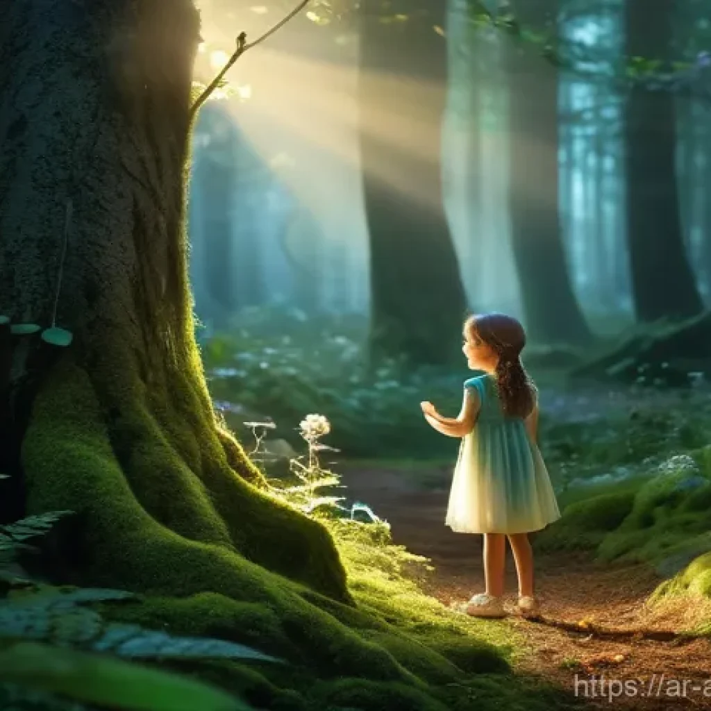 레고 조립 멘토링 프로그램 - **Prompt 1: "A serene, mystical forest scene at dawn. A curious young girl, around 10 years old, wit...