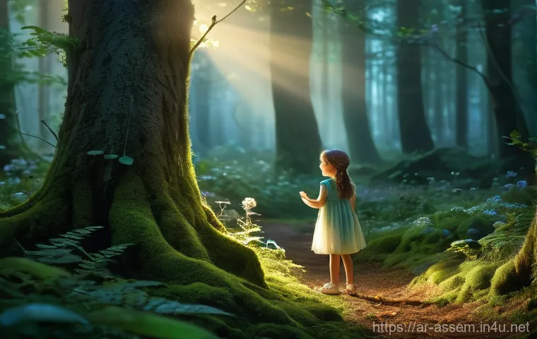 레고 조립 멘토링 프로그램 - **Prompt 1: "A serene, mystical forest scene at dawn. A curious young girl, around 10 years old, wit...