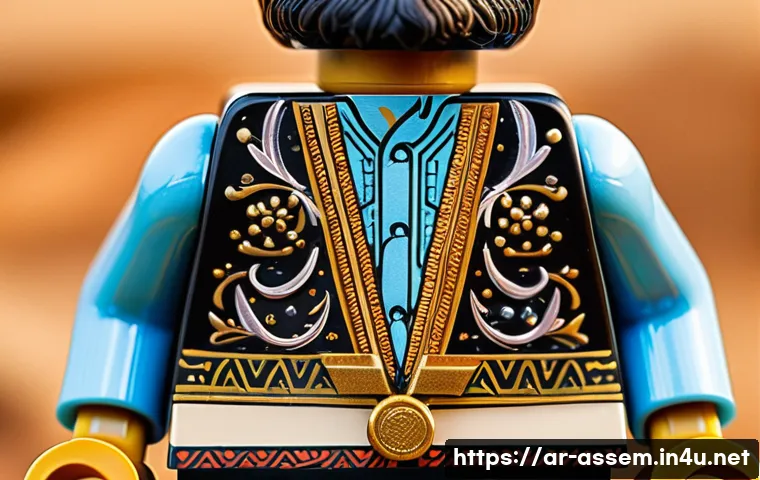 레고 피규어 맞춤 옷 제작 - A detailed close-up of a custom LEGO minifigure dressed as an ancient Arab warrior, featuring intric...