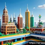 레고를 활용한 창작 놀이 방법 - A vibrant futuristic cityscape built entirely from colorful LEGO bricks, featuring intricate details...