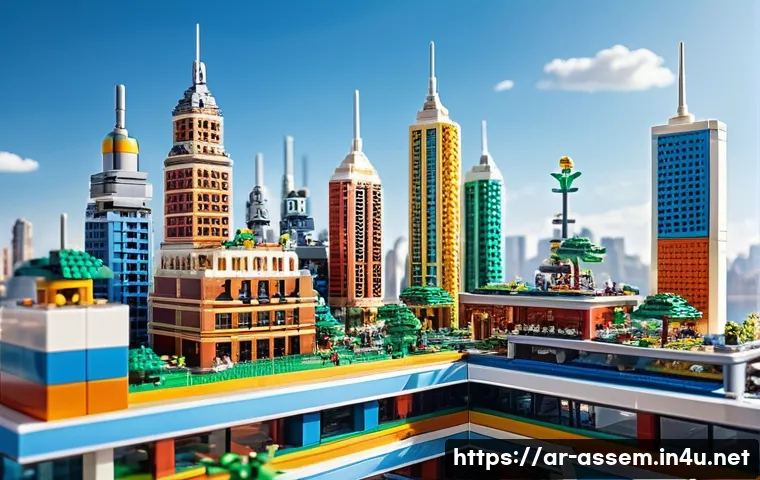 레고를 활용한 창작 놀이 방법 - A vibrant futuristic cityscape built entirely from colorful LEGO bricks, featuring intricate details...
