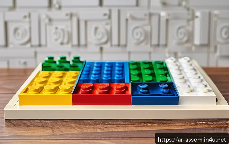 레고 전문가의 조립 팁 - A detailed and colorful workspace scene showing an organized LEGO building station tailored for an A...