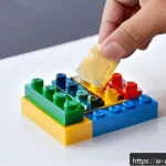 레고 세트 복구 및 보관법 - A detailed close-up scene of a person gently cleaning small LEGO pieces with a soft-bristled toothbr...