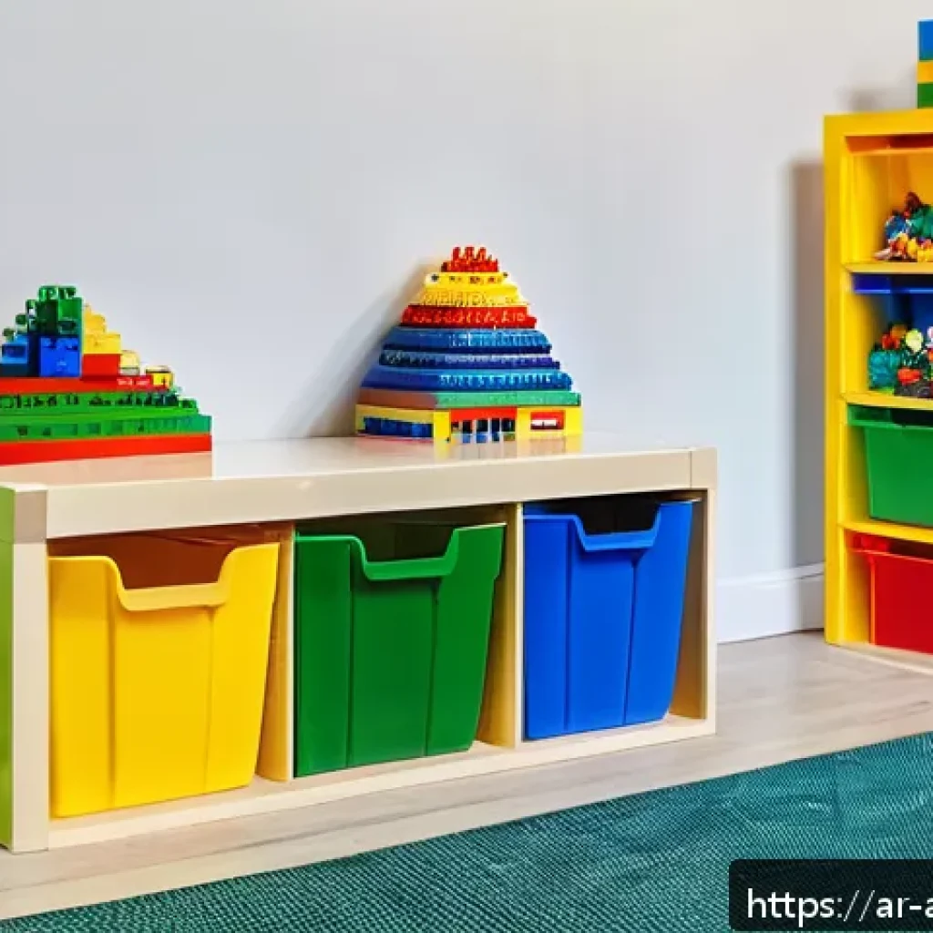 레고 수납 아이디어 - A vibrant and well-organized children’s play corner featuring transparent plastic storage boxes sort...