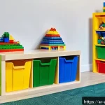 레고 수납 아이디어 - A vibrant and well-organized children&rsquo;s play corner featuring transparent plastic storage boxes sort...