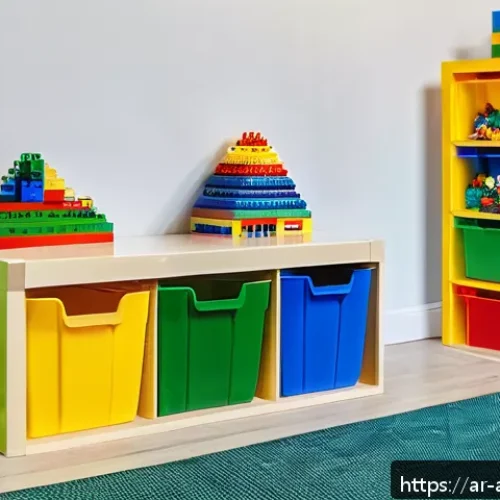 레고 수납 아이디어 - A vibrant and well-organized children&rsquo;s play corner featuring transparent plastic storage boxes sort...