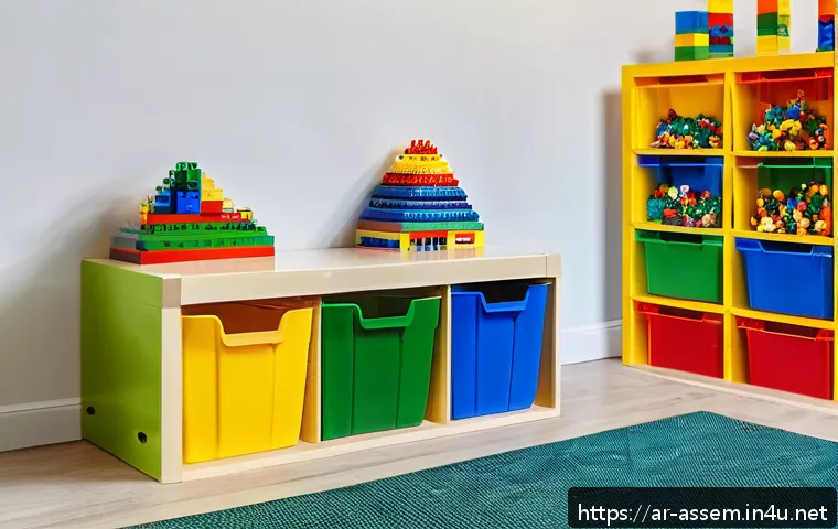 레고 수납 아이디어 - A vibrant and well-organized children&rsquo;s play corner featuring transparent plastic storage boxes sort...