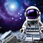 레고 피규어 사진 촬영 팁 - A close-up photograph of a LEGO astronaut minifigure posed dynamically in a futuristic space scene, ...