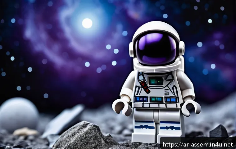 레고 피규어 사진 촬영 팁 - A close-up photograph of a LEGO astronaut minifigure posed dynamically in a futuristic space scene, ...