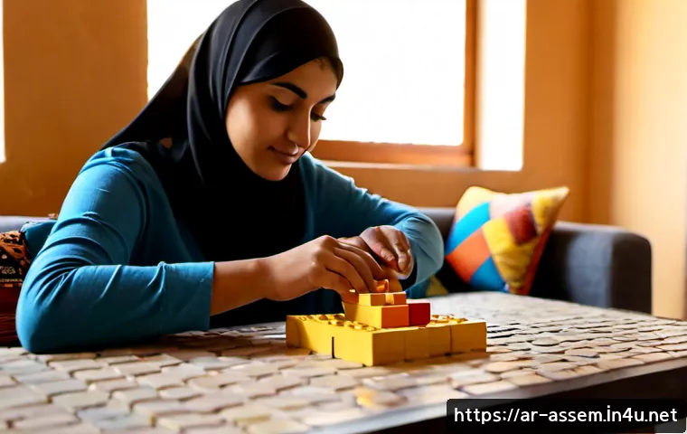 Home 17 레고 조립의 스트레스 해소 효과 - Photorealistic calm Middle Eastern adult in modest casual clothing seated at a tidy sunlit living ro...