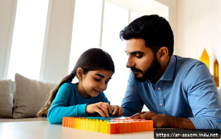 레고 창작 앱 활용법 - Photorealistic Arab father and school-age daughter in modest casual clothing using a tablet creative...