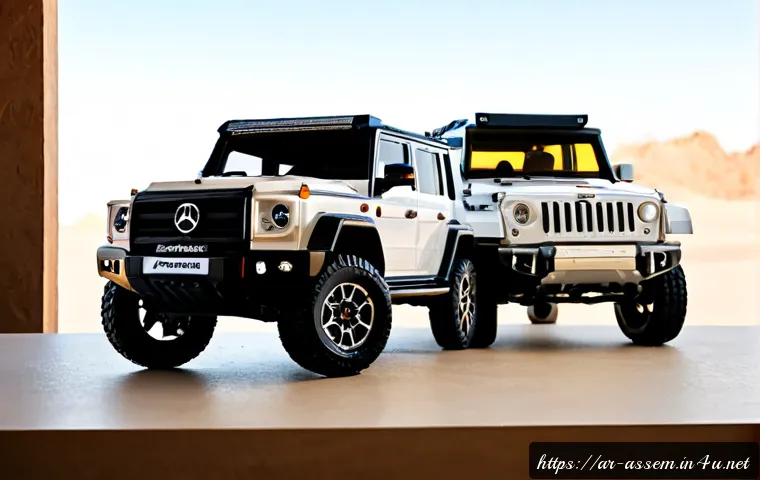 레고 테크닉 차종별 기능 분석 - Photorealistic tabletop comparison of three unbranded advanced brick-built vehicle models: rugged of...