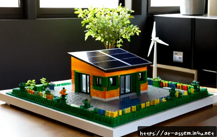 레고 브릭으로 조립한 친환경 작품 - Photorealistic tabletop display of an eco-friendly city sculpture assembled from colorful interlocki...